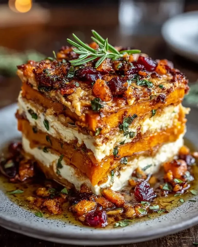 A gourmet slice of Layered Sweet Potato Butternut Squash Carrot Lasagna with creamy white layers, topped with cranberries, nuts, and a rosemary sprig.