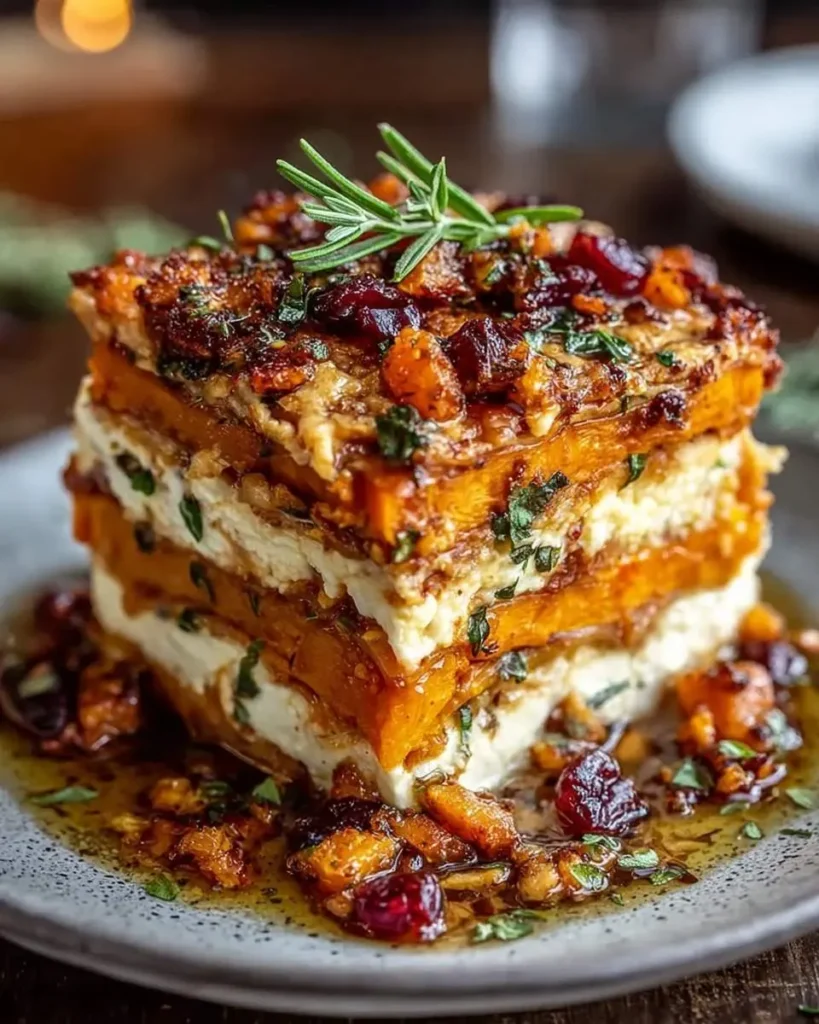 A gourmet slice of Layered Sweet Potato Butternut Squash Carrot Lasagna with creamy white layers, topped with cranberries, nuts, and a rosemary sprig.