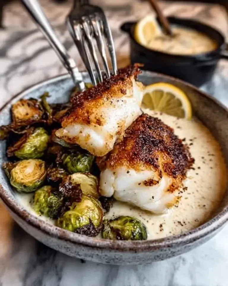 Close-up of delicious Lemon Garlic Butter Cod Bowls with Roasted Brussels Sprouts, featuring perfectly seared cod, creamy sauce, and a lemon wedge.