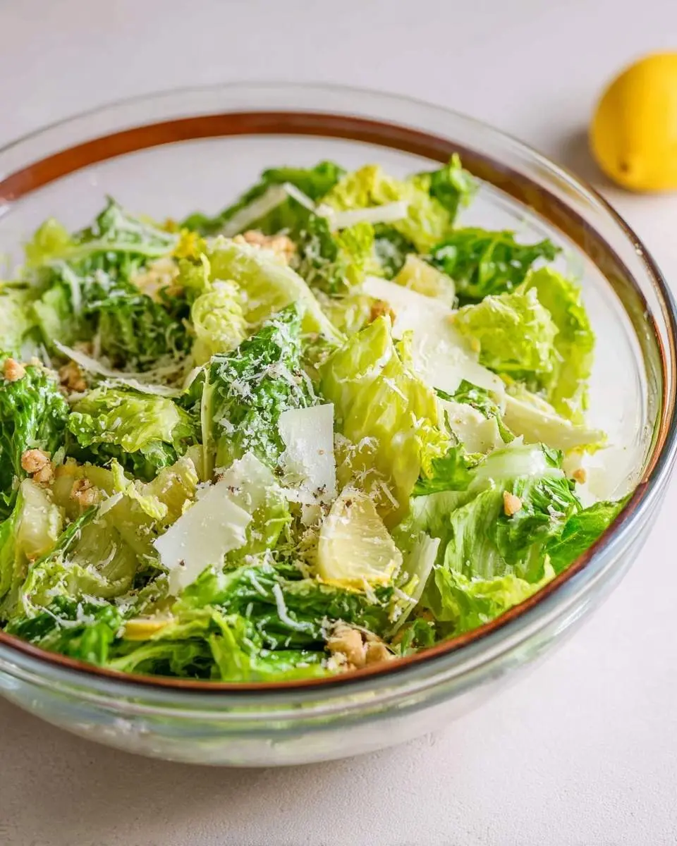 A clear glass bowl filled with a fresh Lemon Parmesan Lettuce Salad, featuring crisp greens, shaved cheese, and a whole lemon nearby.