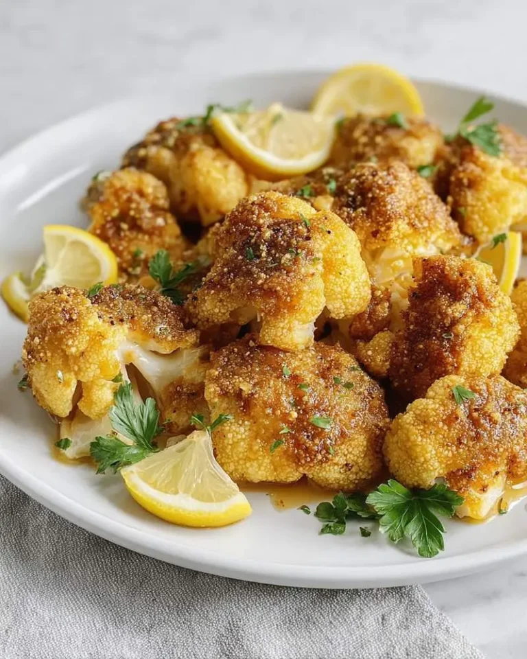 A white plate filled with golden-brown lemon pepper cauliflower florets, garnished with fresh parsley and bright lemon wedges.