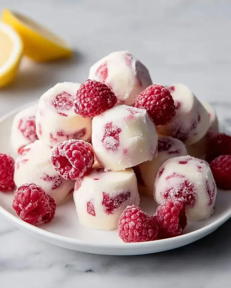 A close-up of a white plate piled high with frosty Lemon Raspberry Frozen Yogurt Bites and fresh raspberries, with lemon wedges in the blurred background.