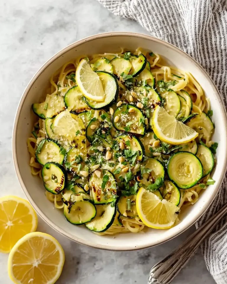 A close-up of a bowl of Lemon Zucchini Pasta garnished with fresh lemon wedges, parsley, and pine nuts on a marble surface.