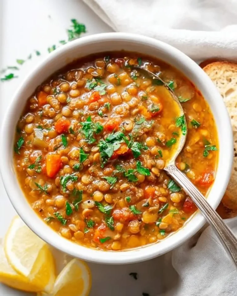 A hearty bowl of lentil soup, garnished with fresh parsley, served with lemon wedges and a slice of toasted bread.