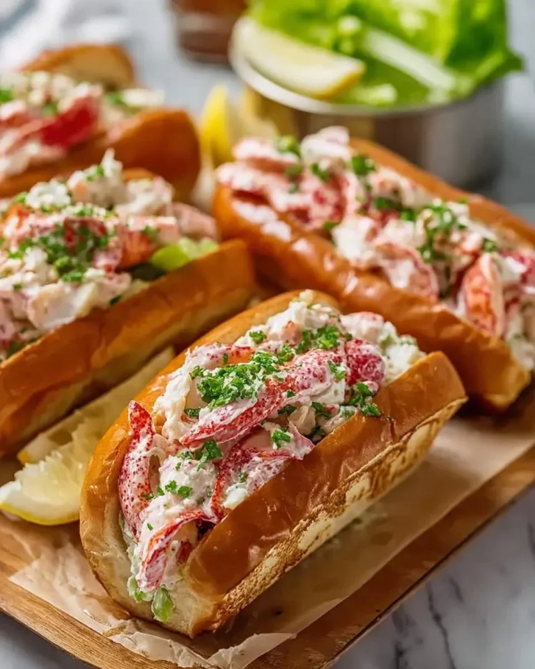 Several fresh Lobster Roll Sandwiches filled with creamy lobster meat and garnished with herbs, served on a wooden board with lemon.