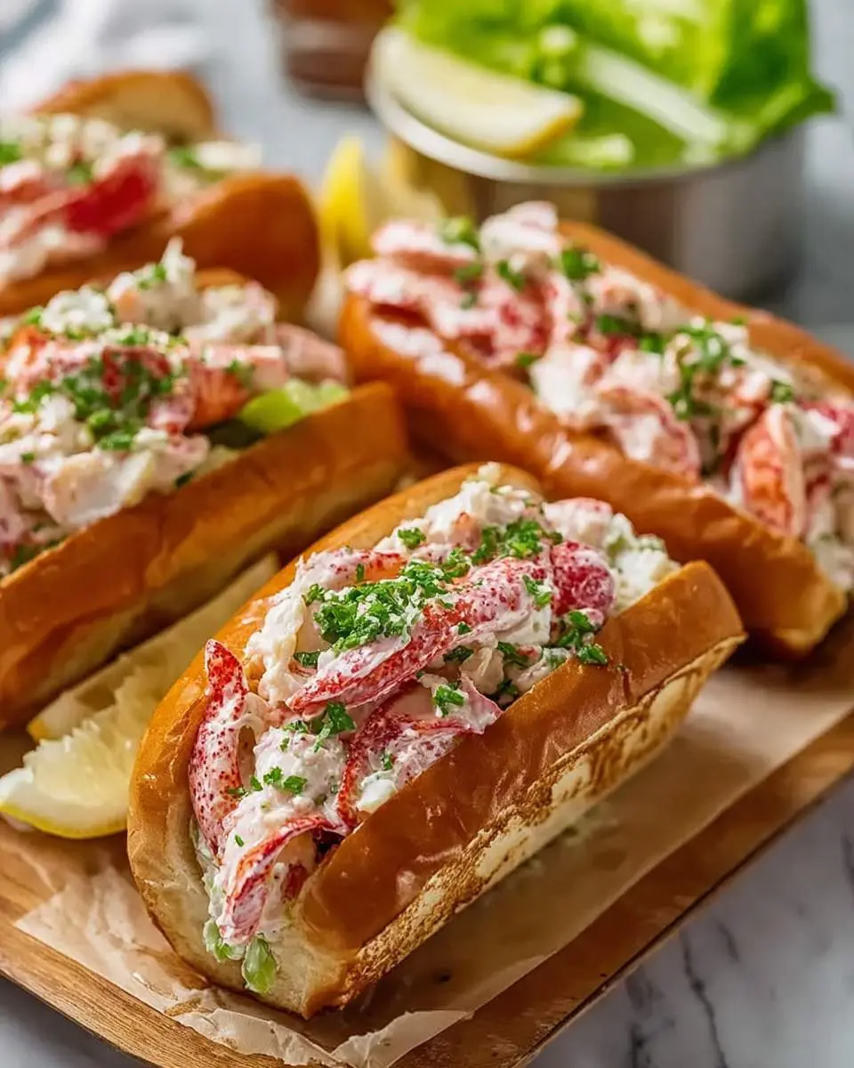 Several fresh Lobster Roll Sandwiches filled with creamy lobster meat and garnished with herbs, served on a wooden board with lemon.