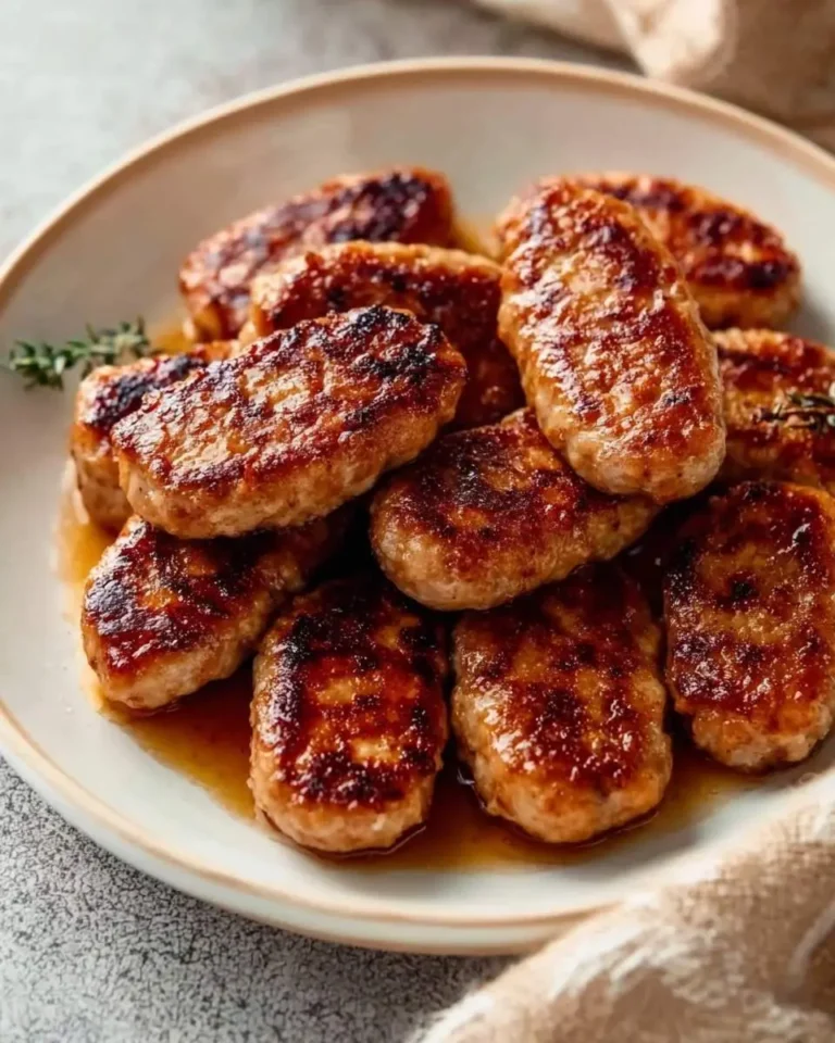 A plate of perfectly browned Maple Chicken Breakfast Sausages with a glossy sauce and a fresh thyme garnish.
