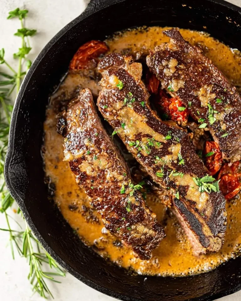 A delicious marry me steak recipe featuring three seared steaks in a creamy sauce with tomatoes and herbs in a cast iron skillet.
