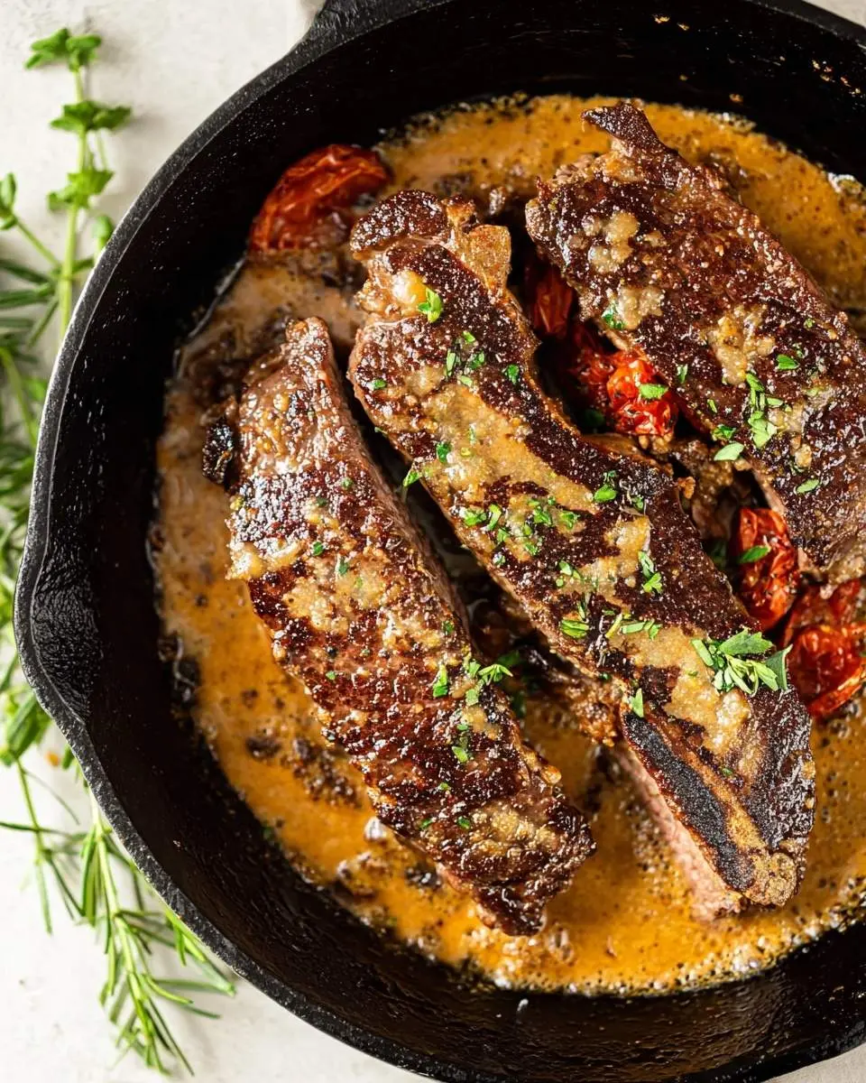 A delicious marry me steak recipe featuring three seared steaks in a creamy sauce with tomatoes and herbs in a cast iron skillet.