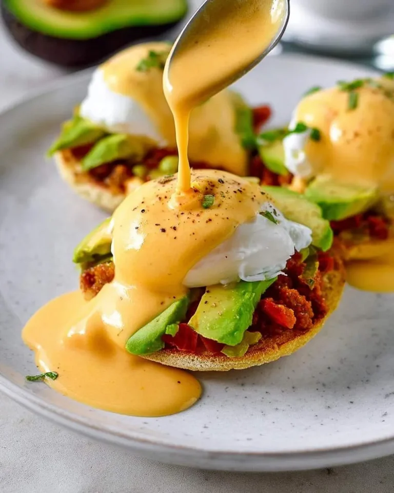 Creamy Hollandaise sauce is drizzled from a spoon over a delicious Mexican Eggs Benedict featuring a poached egg, avocado, and spicy filling.