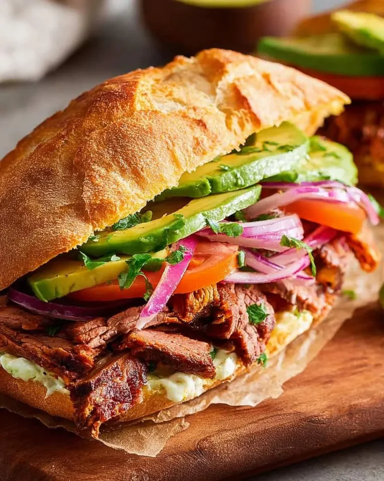 A delicious Mexican Torta Sandwich bursting with savory meat, sliced avocado, red onions, and tomatoes on a crusty roll.