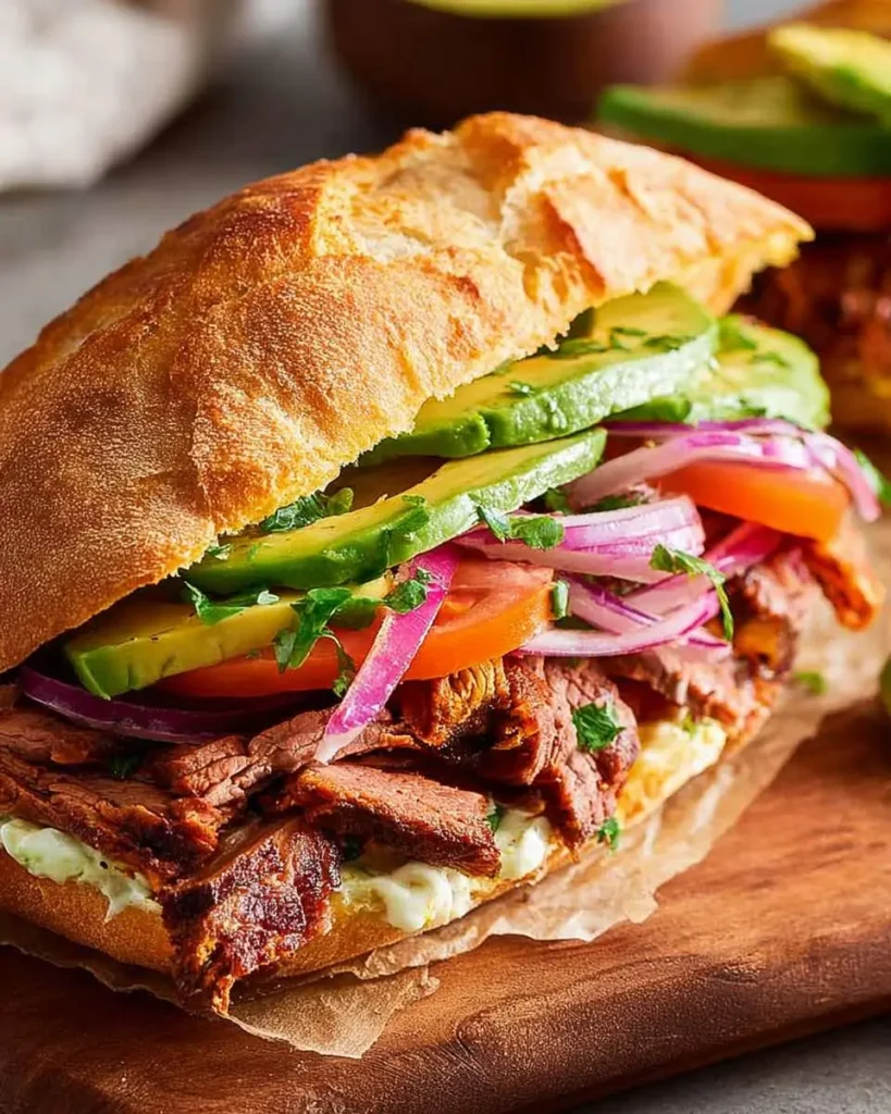 A delicious Mexican Torta Sandwich bursting with savory meat, sliced avocado, red onions, and tomatoes on a crusty roll.