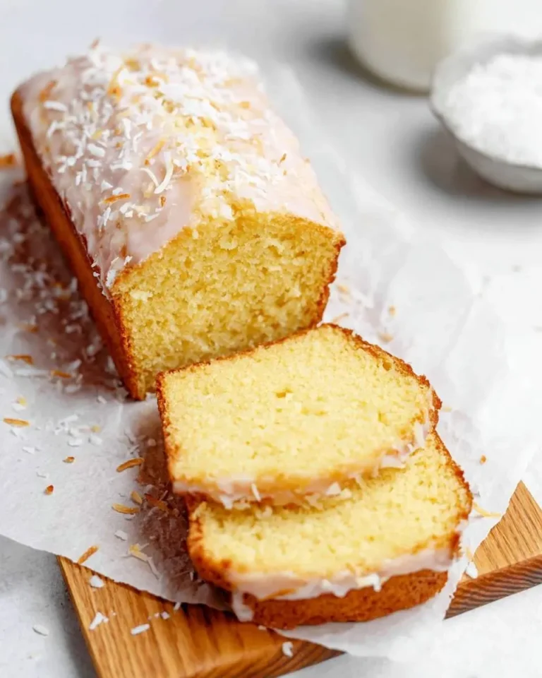 A freshly baked and sliced loaf of moist coconut bread, topped with a sweet white glaze and toasted coconut flakes.