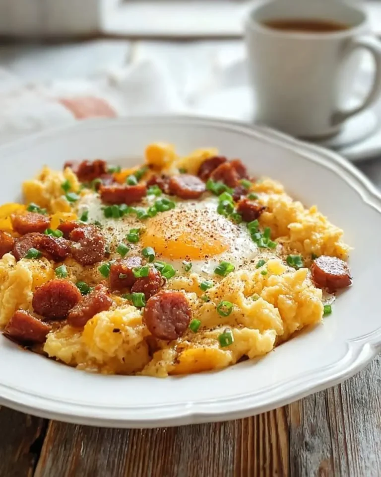 A close-up of a hearty Mountain Man Crock Pot Breakfast featuring a fried egg, sausage, and grits on a white plate.