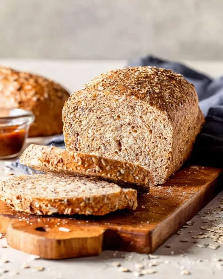 A sliced loaf of golden Multigrain Bread with seeds on top, placed on a wooden cutting board with a jar of jam.