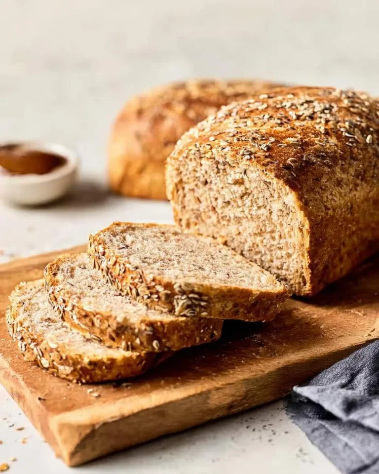 Sliced Multigrain Bread on a wooden board with a whole loaf in the background and a small bowl of chocolate spread.