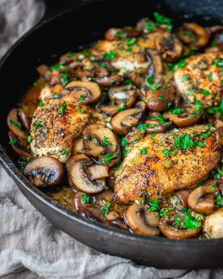 A delicious mushroom chicken skillet with golden chicken breasts and sautéed mushrooms, garnished with parsley in a cast iron pan.