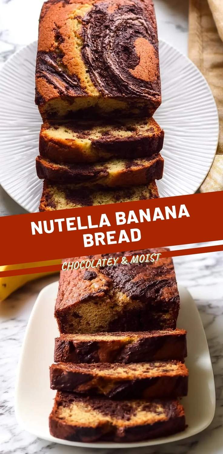 A delicious marbled Nutella Banana Bread loaf, sliced into pieces and topped with banana slices, on a white serving board.