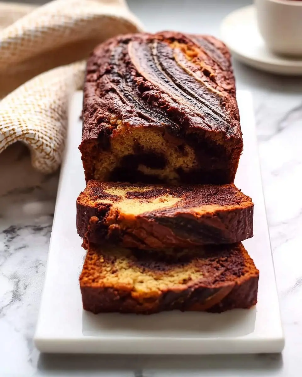A delicious marbled Nutella Banana Bread loaf, sliced into pieces and topped with banana slices, on a white serving board.