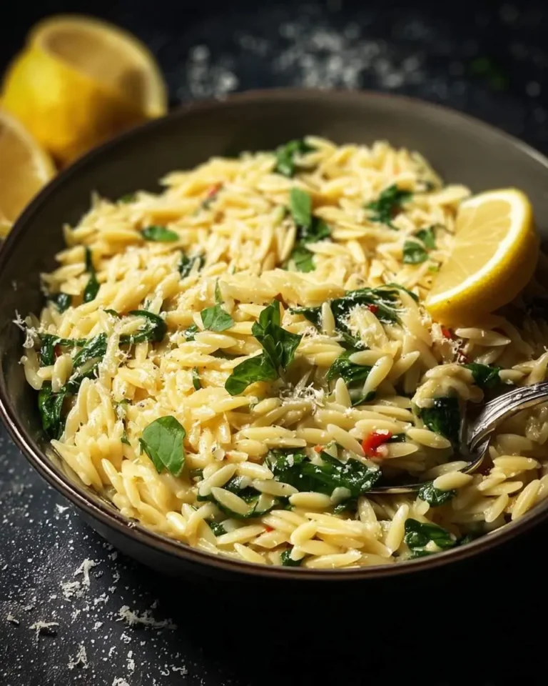 A close-up of a bowl of creamy One Pan Lemon Orzo Pasta featuring tender orzo, fresh spinach, grated cheese, and a lemon wedge.