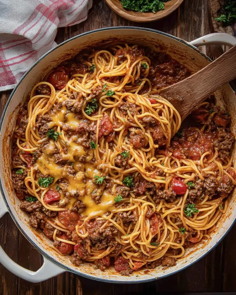 A large white pot filled with delicious One Pot Cowboy Spaghetti, featuring noodles, ground beef, tomatoes, and melted cheese, with a wooden spoon.