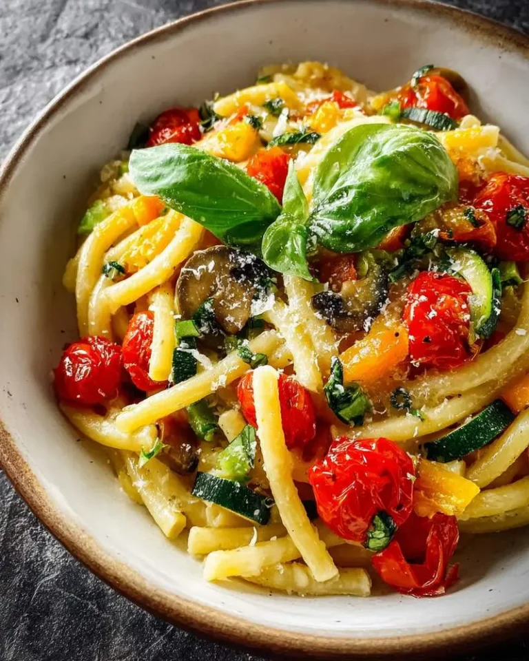 A vibrant bowl of One Pot Veggie Pasta featuring cherry tomatoes, zucchini, mushrooms, yellow bell peppers, and fresh basil.
