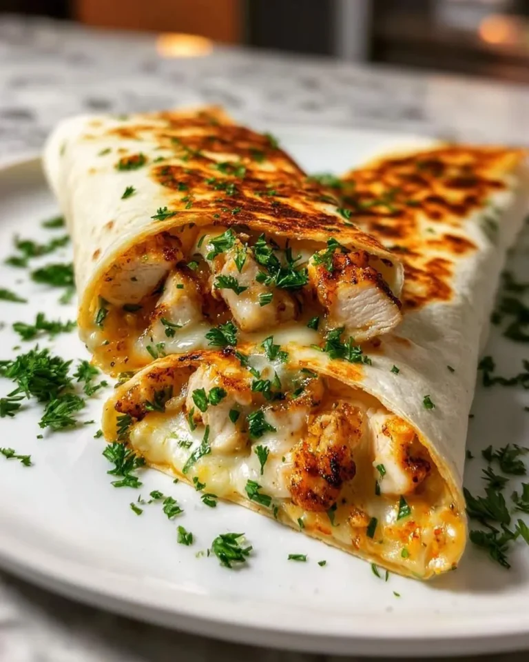 Close-up of two golden-brown Ooey-Gooey Cheesy Garlic Chicken Wraps filled with melted cheese and chicken, garnished with parsley.