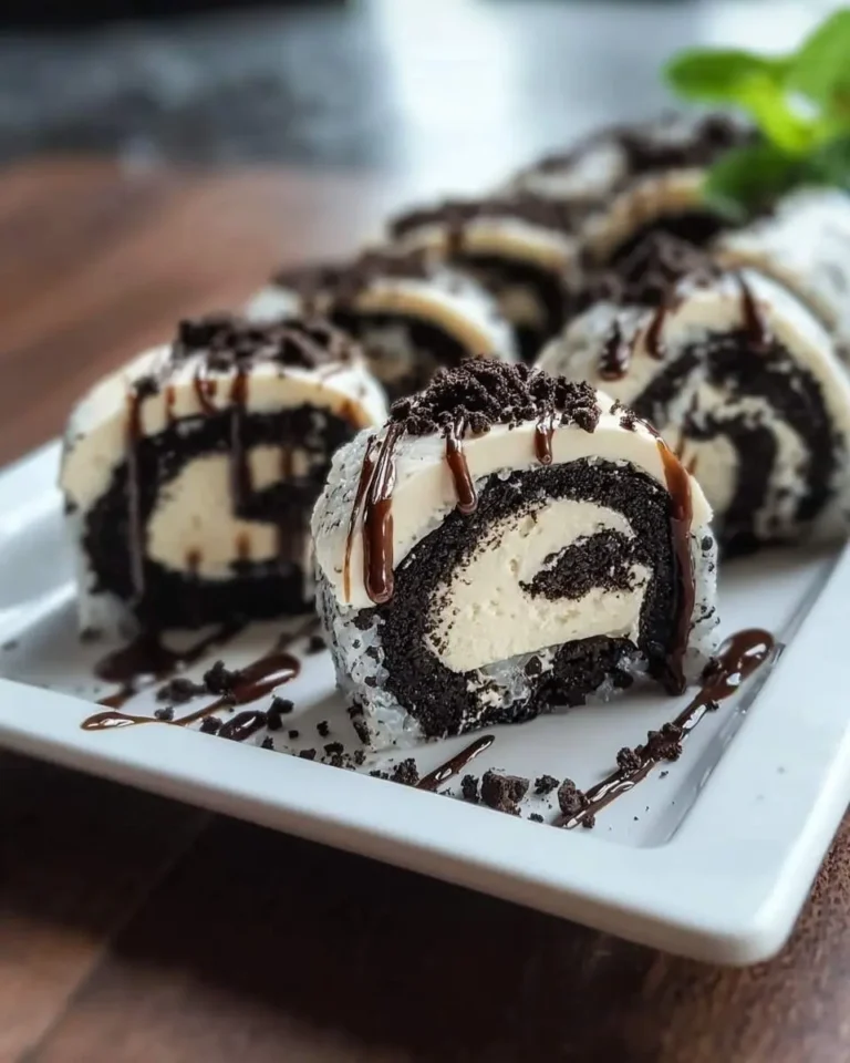 Several Oreo Cream Cheese Cheesecake Sushi Rolls arranged on a white plate, featuring a dark cookie swirl, creamy filling, and chocolate drizzle.