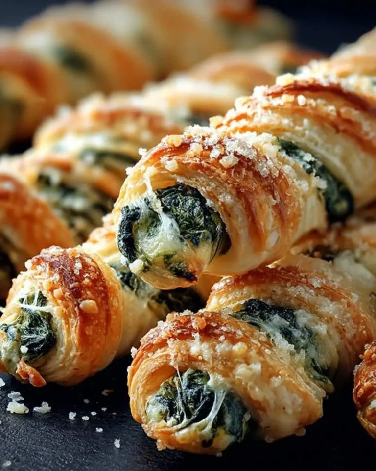 A close-up view of several golden-brown Parmesan and Spinach Cheese Twists, featuring flaky pastry, green spinach, and melted cheese with grated Parmesan.