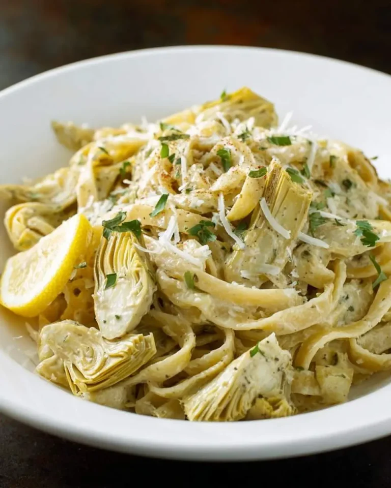 A close-up of a white bowl filled with creamy Pasta with Artichokes and Lemon, garnished with grated cheese and fresh parsley.