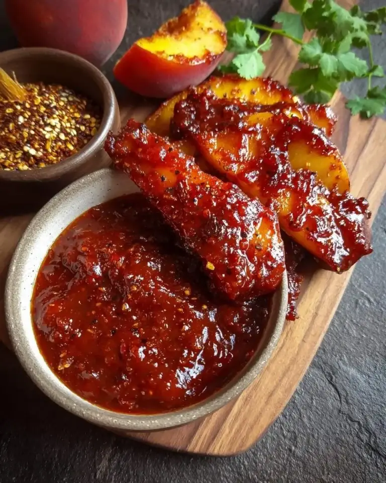 Sweet and spicy glazed chicken wings and roasted peach slices next to a bowl of vibrant homemade Peach BBQ Sauce, garnished with cilantro.