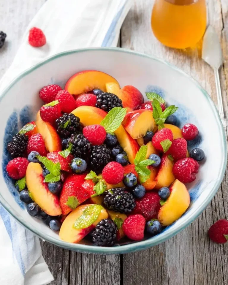 A vibrant Peach Berry Fruit Salad with sliced peaches, raspberries, blueberries, blackberries, and mint in a bowl on a rustic wooden table.