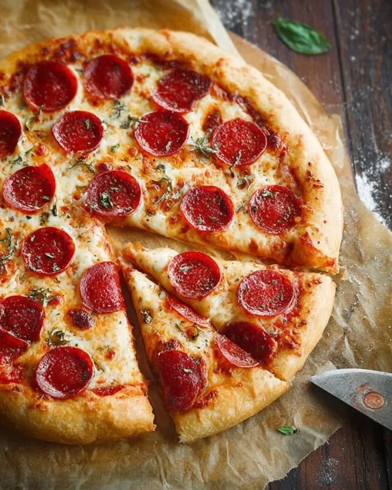 A delicious, freshly baked pepperoni pizza with some slices cut, topped with melted cheese and fresh basil on parchment paper.