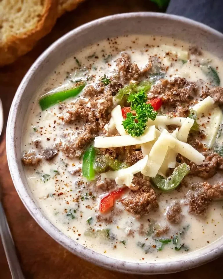A cozy bowl of creamy Philly Cheesesteak Soup, garnished with ground beef, bell peppers, melted cheese, and fresh parsley, with bread in the background.