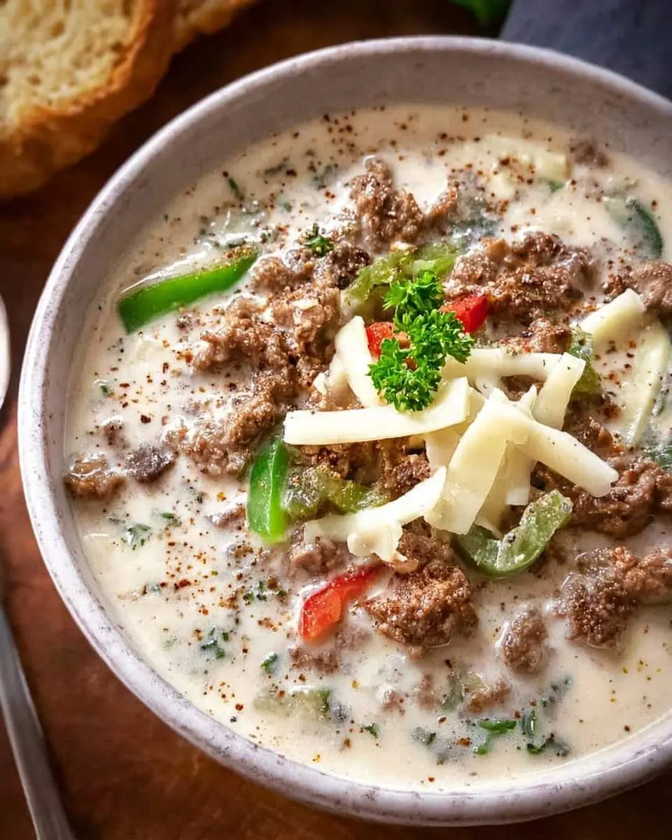 A cozy bowl of creamy Philly Cheesesteak Soup, garnished with ground beef, bell peppers, melted cheese, and fresh parsley, with bread in the background.