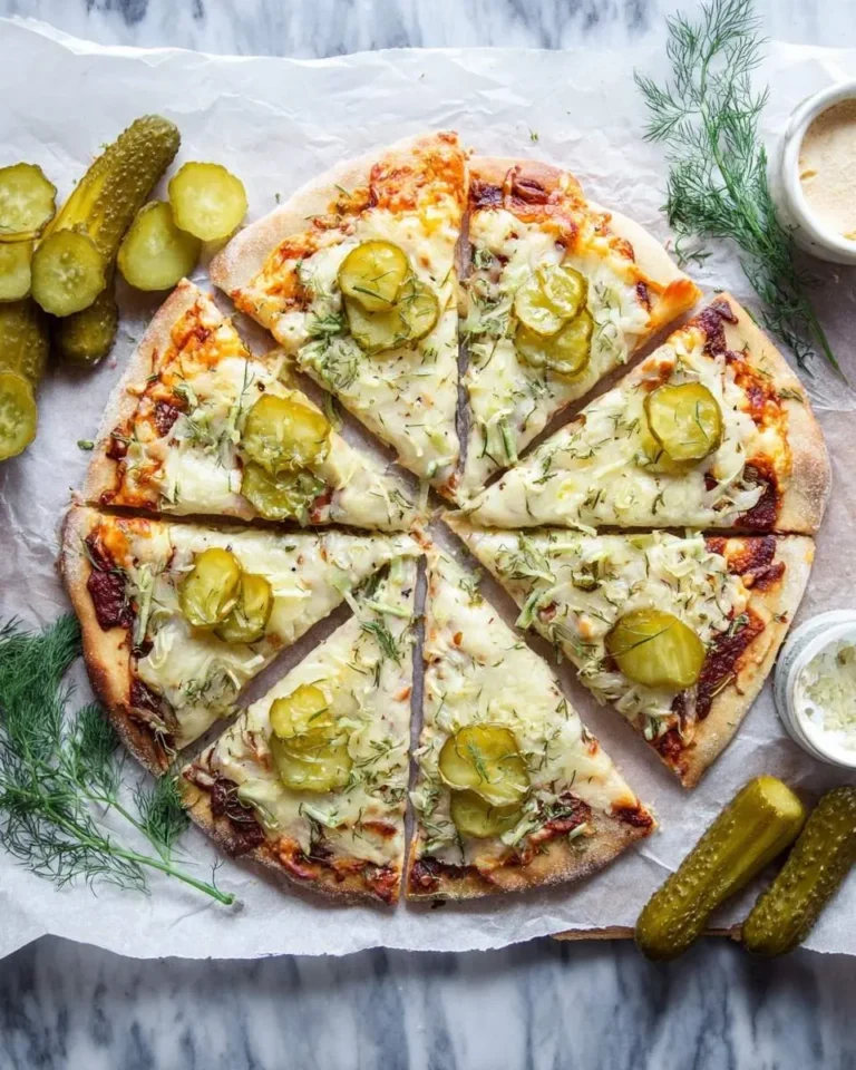 An overhead shot of a freshly baked pickle pizza, sliced into eight pieces, surrounded by whole and sliced pickles and fresh dill.