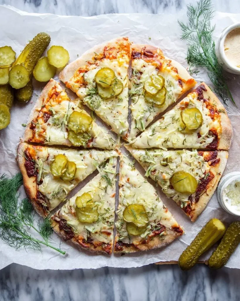 An overhead shot of a freshly baked pickle pizza, sliced into eight pieces, surrounded by whole and sliced pickles and fresh dill.