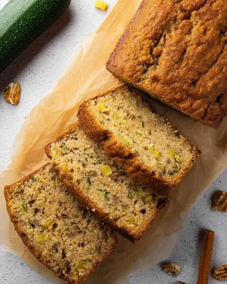 Slices of golden brown Pineapple Zucchini Bread on parchment paper, with a whole zucchini and walnuts nearby.