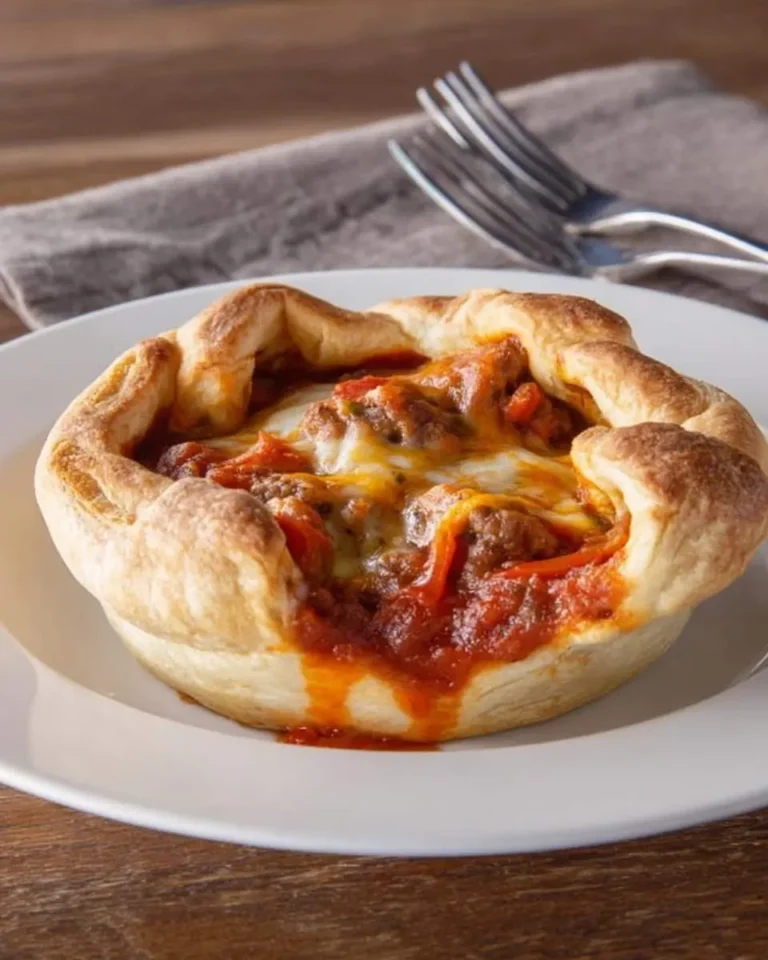 A close-up of a savory Pizza Pot Pie, featuring a golden, flaky crust filled with bubbling marinara sauce, melted cheese, and ground meat, served on a white plate.