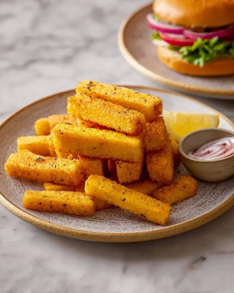 A plate of crispy, golden Polenta Fries seasoned with herbs, accompanied by a lemon wedge and a small bowl of red onion dip, with a burger in the blurred background.