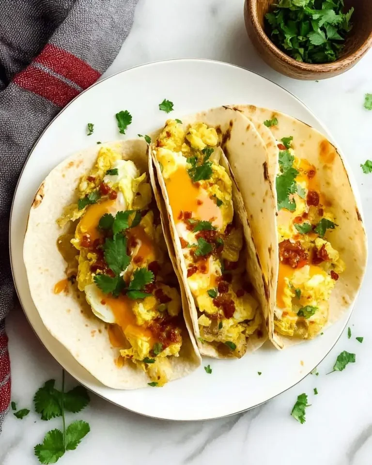 Three delicious Potato Egg and Cheese Breakfast Tacos on a white plate, topped with hot sauce and fresh cilantro, on a marble counter.