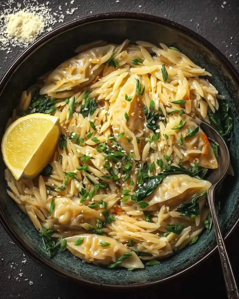 A vibrant Potsticker Noodle Bowl with golden orzo pasta, savory dumplings, fresh green herbs, sesame seeds, and a lemon wedge.
