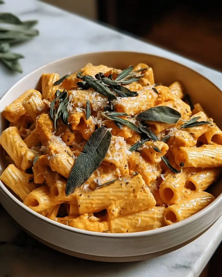 A close-up shot of a creamy orange Pumpkin Sage Pasta dish served in a light-colored bowl, garnished with fresh sage leaves and grated cheese.
