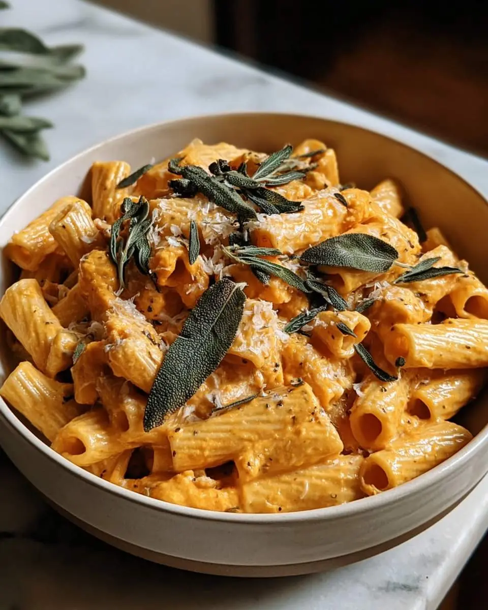 A close-up shot of a creamy orange Pumpkin Sage Pasta dish served in a light-colored bowl, garnished with fresh sage leaves and grated cheese.