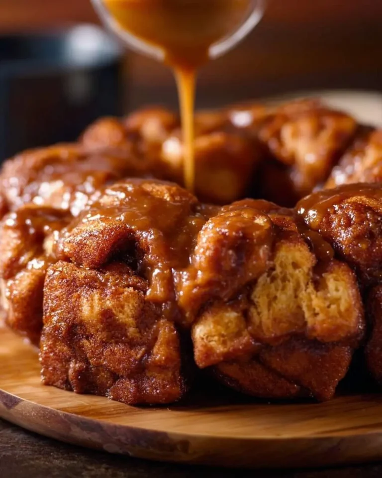 Warm Pumpkin Spice Monkey Bread is generously drizzled with a rich, golden caramel sauce from above, highlighting its gooey texture.