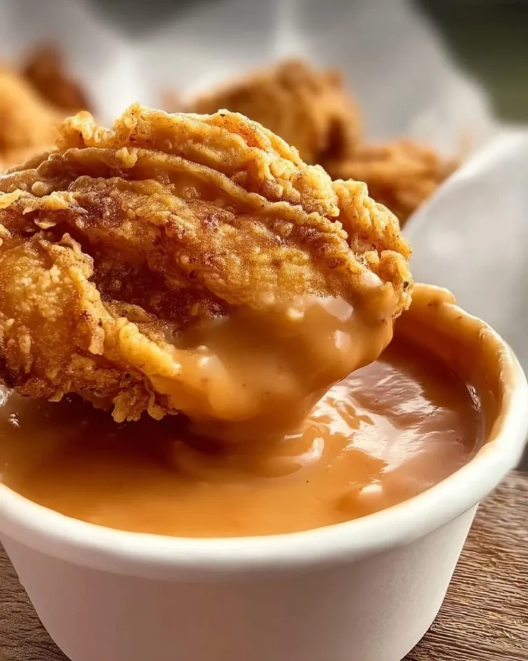 A golden-brown piece of crispy fried chicken being dipped into a creamy, light brown sauce, reminiscent of a Raising Canes Sauce Recipe.