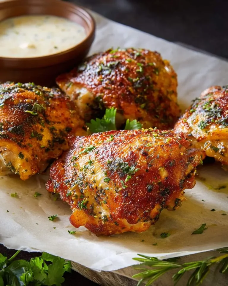 Four crispy, golden-brown Ranch Chicken Thighs Bake seasoned with herbs, served on parchment paper with a bowl of creamy sauce.