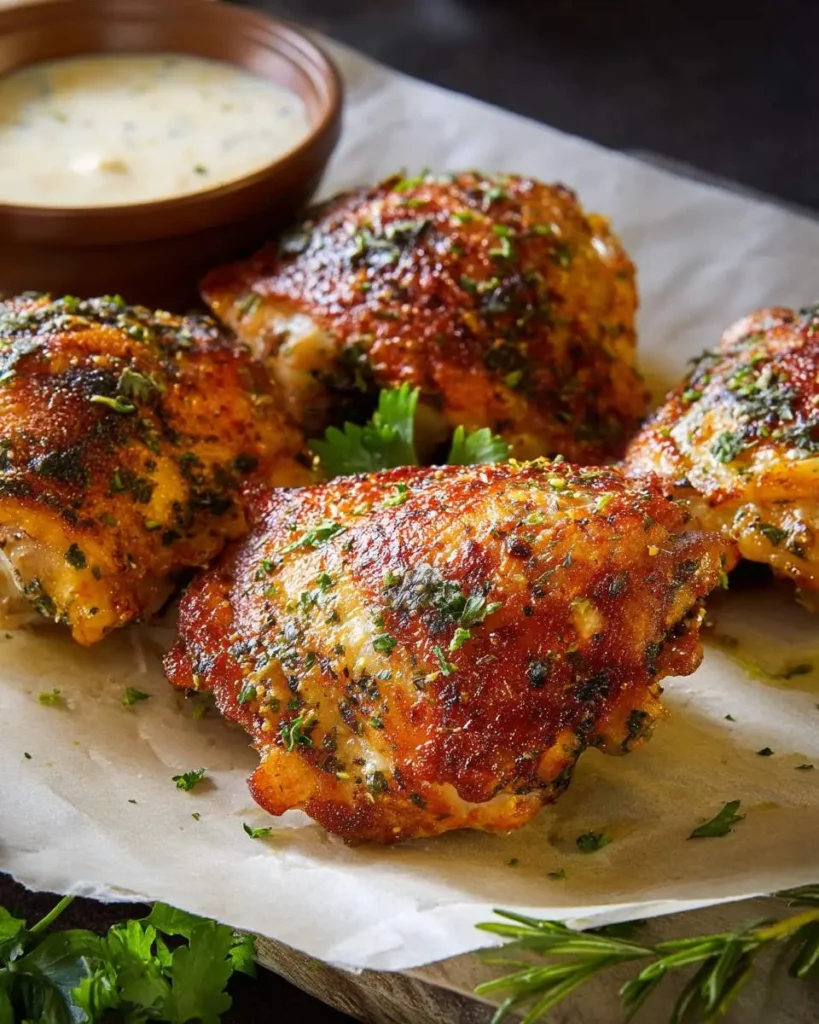 Four crispy, golden-brown Ranch Chicken Thighs Bake seasoned with herbs, served on parchment paper with a bowl of creamy sauce.