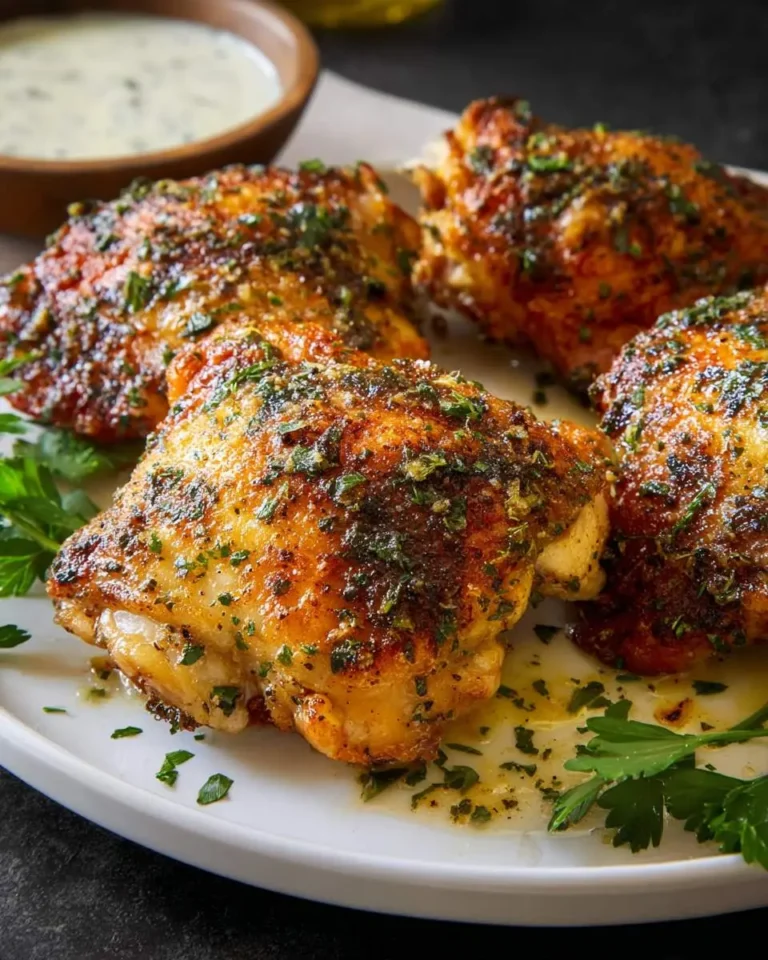 A close-up of golden-brown, herb-crusted Ranch Chicken Thighs Bake on a white plate with a bowl of ranch dressing in the background.