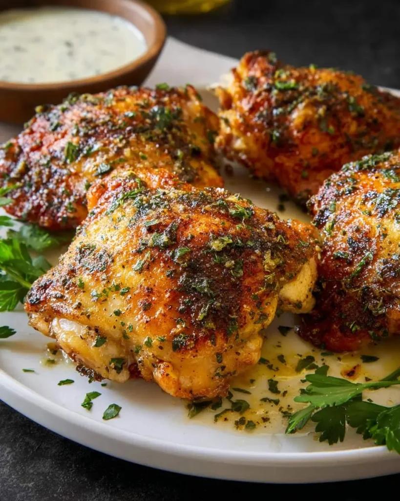 A close-up of golden-brown, herb-crusted Ranch Chicken Thighs Bake on a white plate with a bowl of ranch dressing in the background.